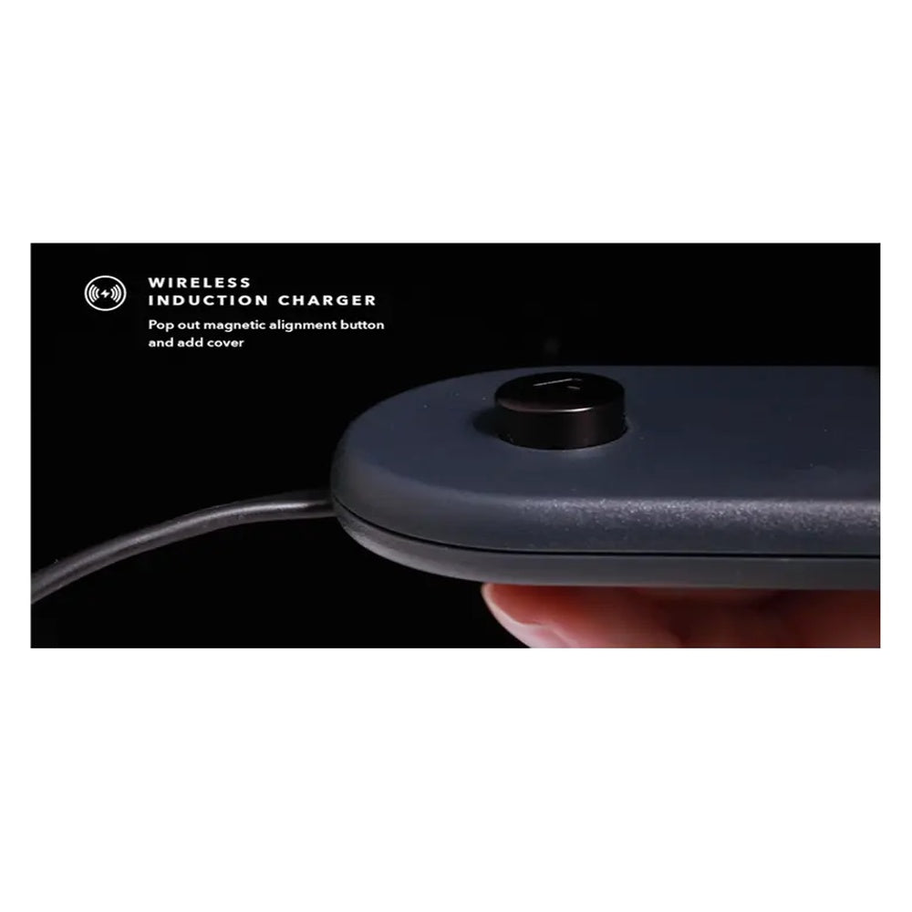 Wireless induction charger with text on a black background