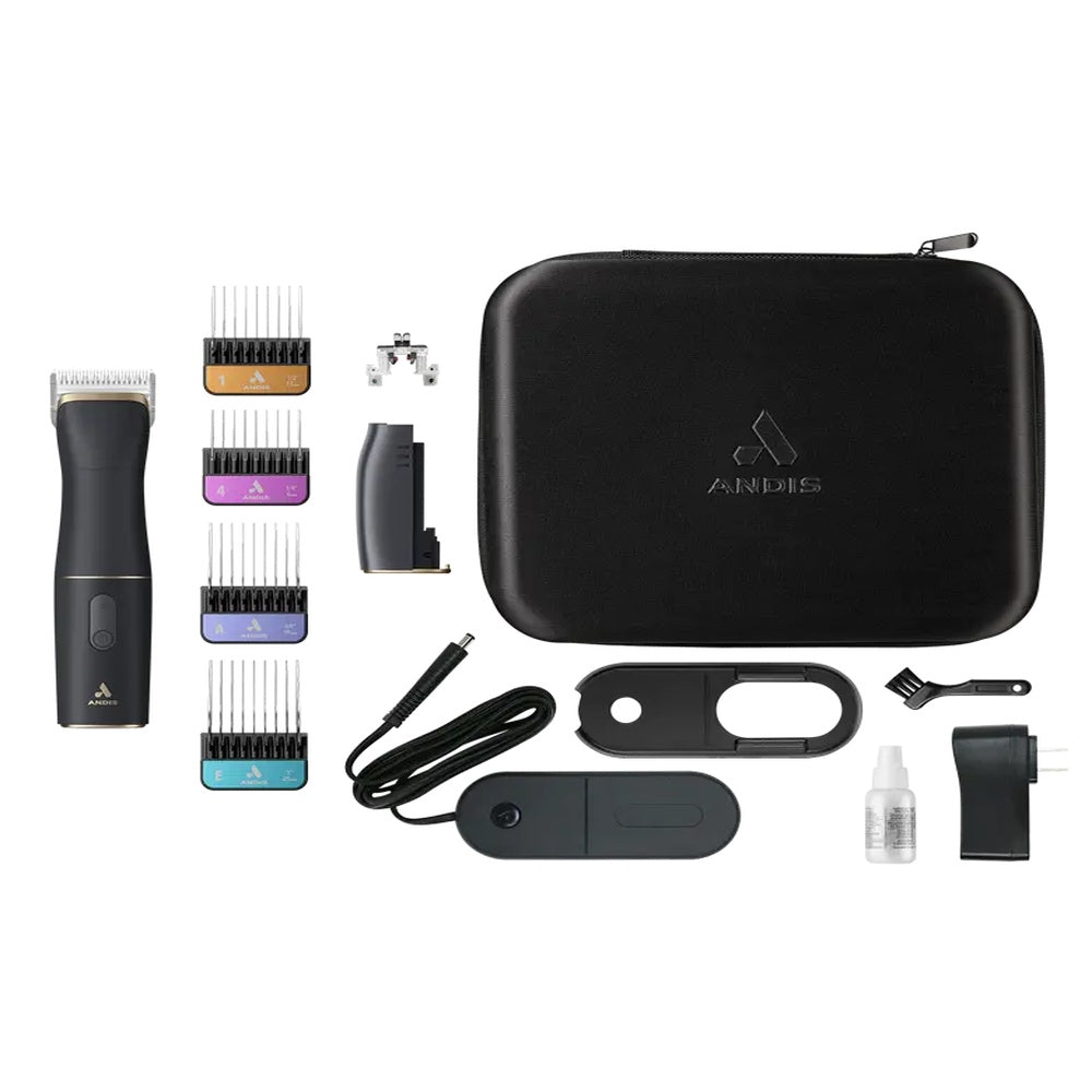 Hair trimmer set with attachments and case on a white background