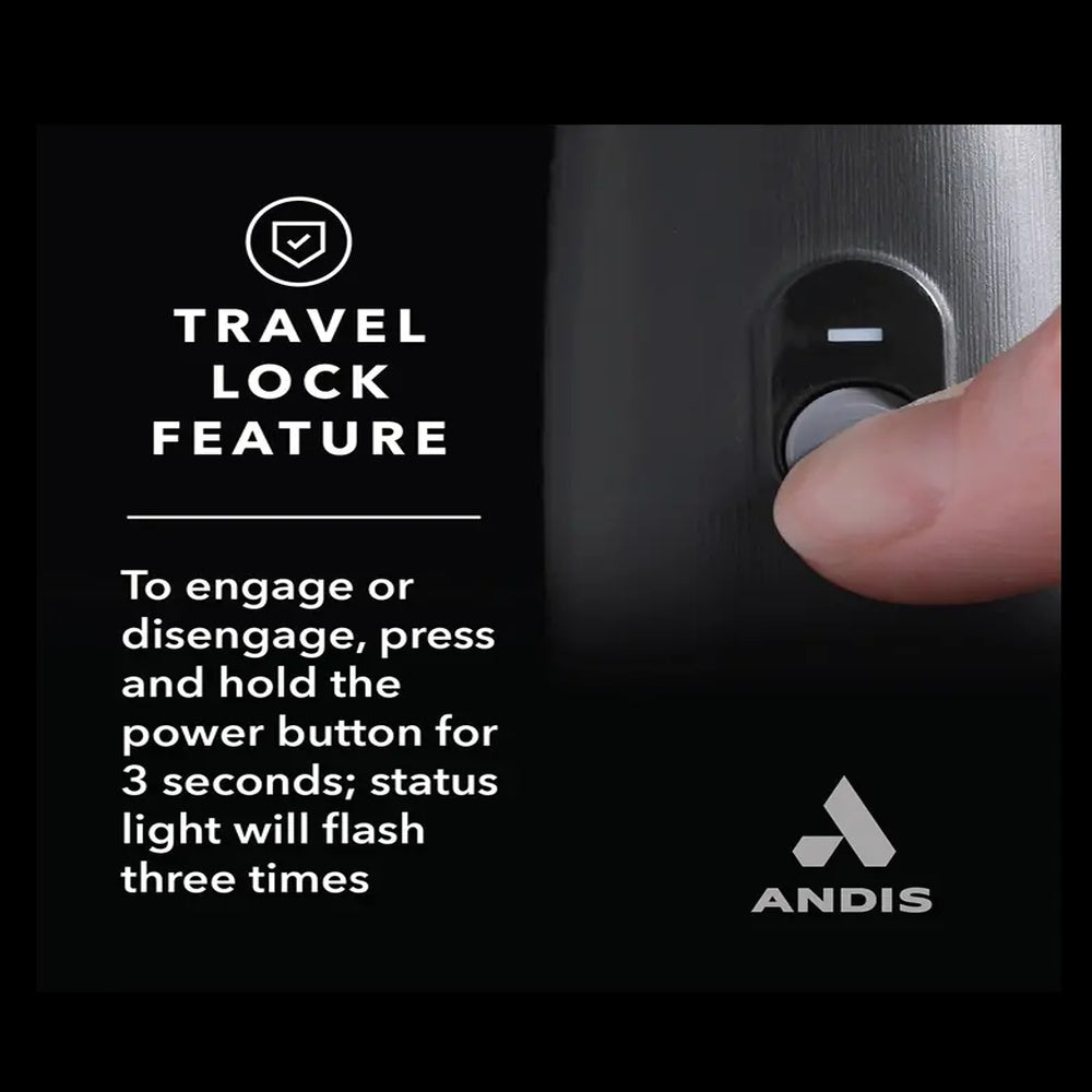 Andis travel lock feature demonstration with text and power button press.